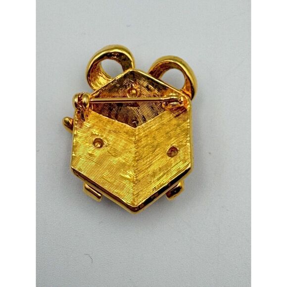 Christmas Gift Box Present Gold Tone Enamel Brooch Pin Red Green Holiday Jewelry - Picture 2 of 5